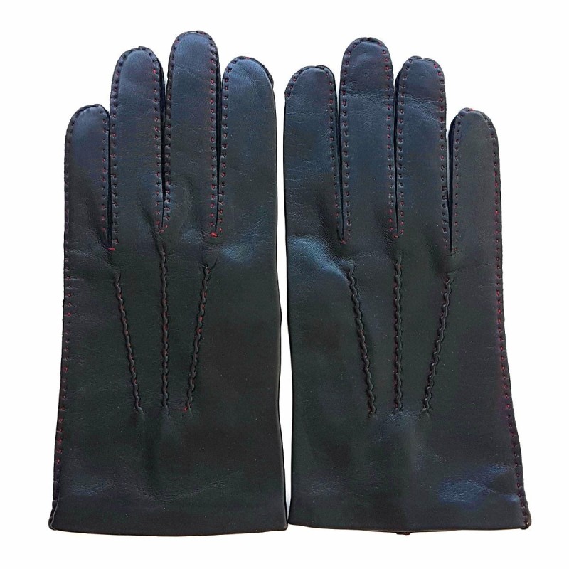 Gants en Cuir d'Agneau Noir, Rouge Doublés en Soie.
