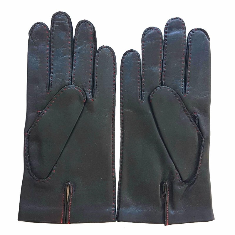 Gants en Cuir d'Agneau Noir, Rouge Doublés en Soie.