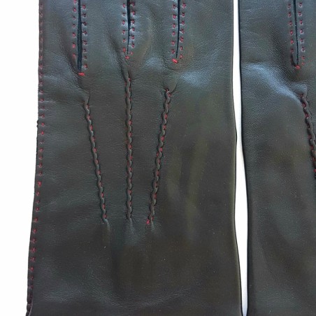 Gants en Cuir d'Agneau Noir, Rouge Doublés en Soie.