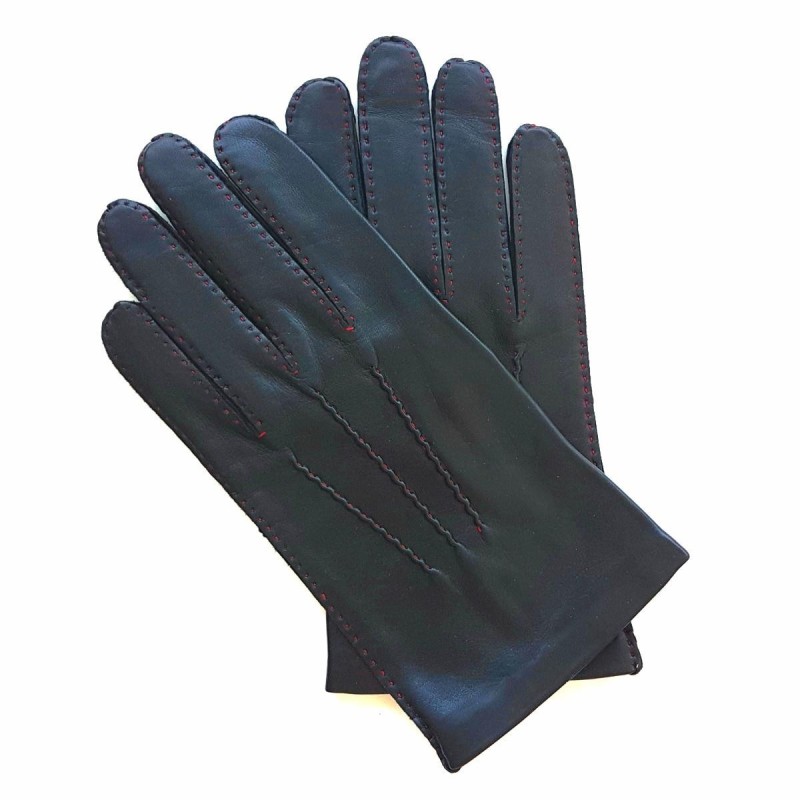 Gants en Cuir d'Agneau Noir, Rouge Doublés en Soie.