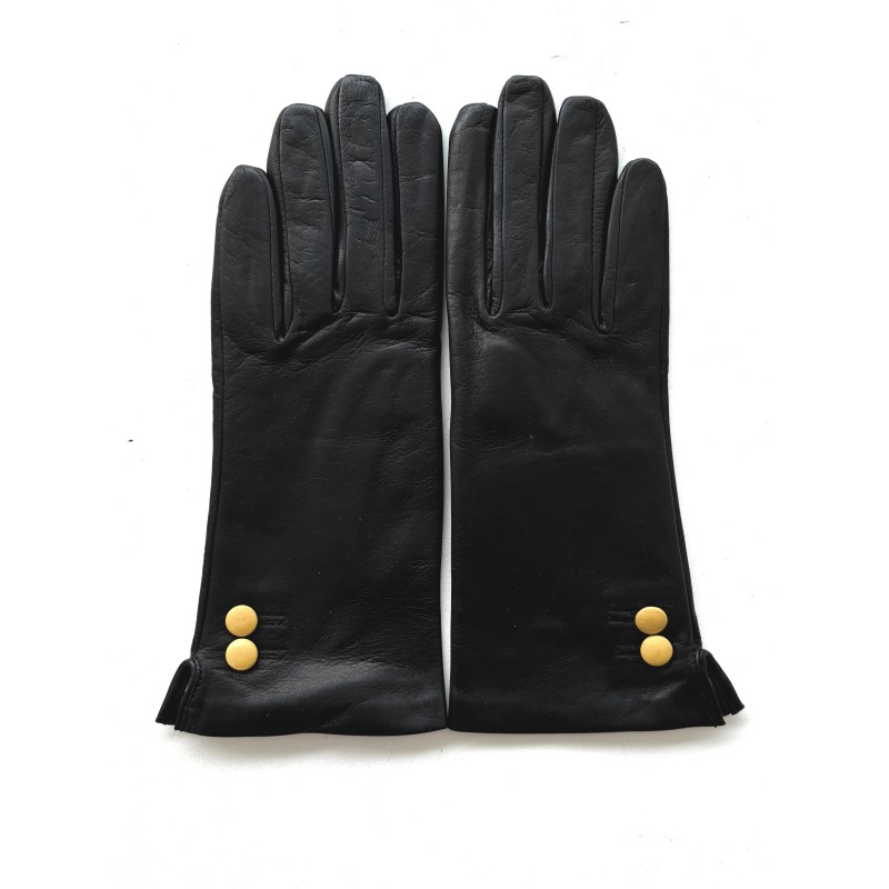 Gants en Cuir d'Agneau Noir Jaune Clémentine Doublure en Soie.
