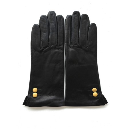 Gants en Cuir d'Agneau Noir Jaune Clémentine Doublure en Soie.