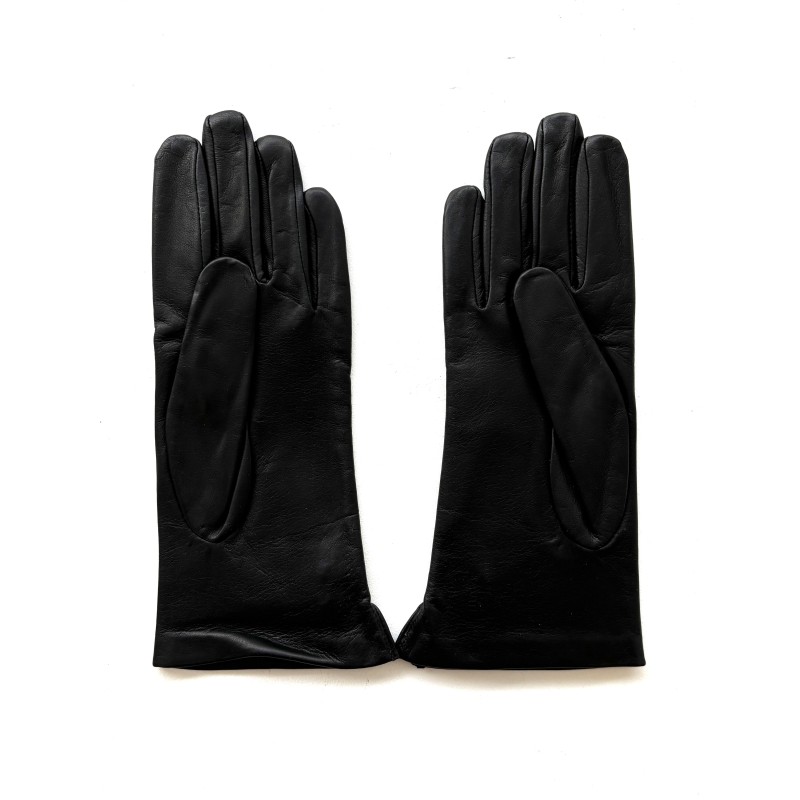Gants en Cuir d'Agneau Noir Jaune Clémentine Doublure en Soie.