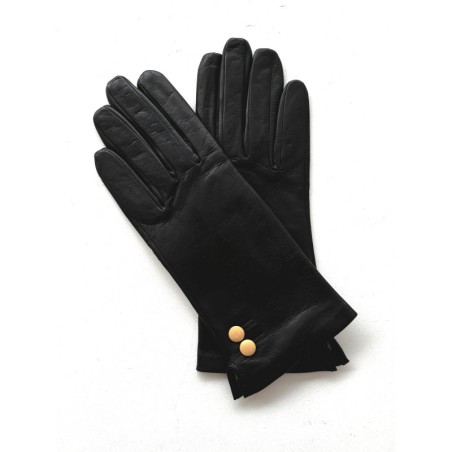 Gants en Cuir d'Agneau Noir Jaune Clémentine Doublure en Soie.