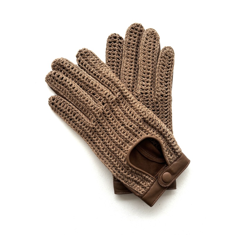 Gants en Cuir et Crochet Coton Biscuit Alfredine Non Doublés.