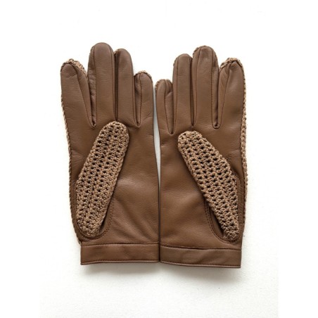 Gants en Cuir et Crochet Coton Biscuit Alfredine Non Doublés.