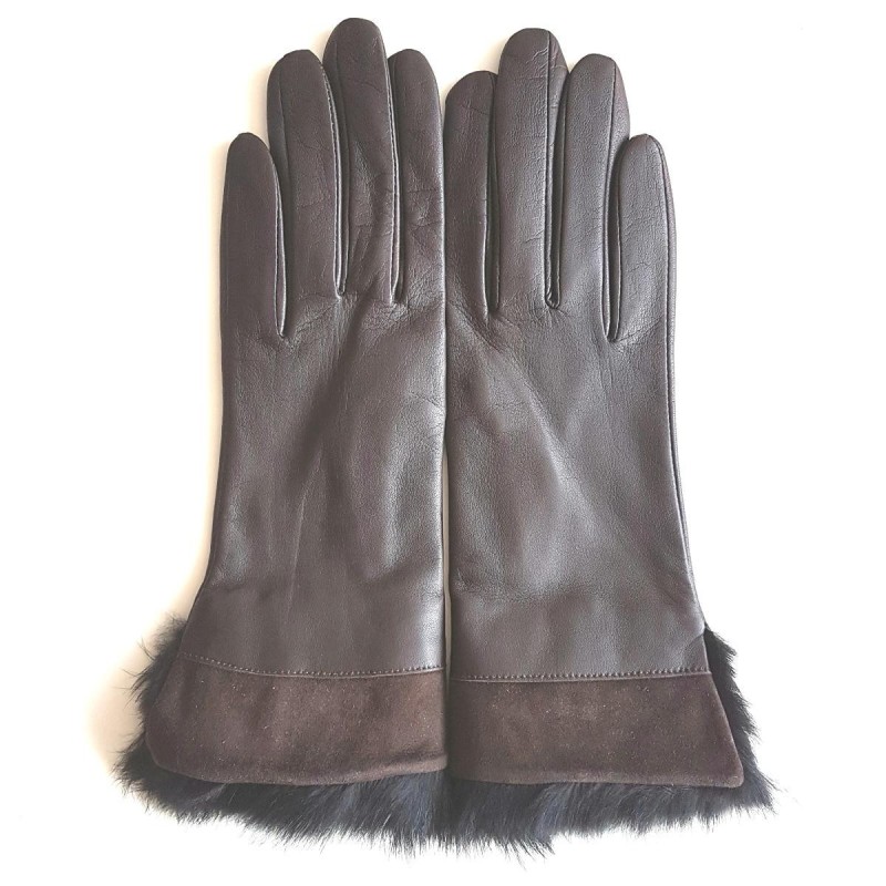 Gants en Cuir d'Agneau Fourrure Lapin Marron Noir Steppe Doublés Soie