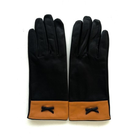Gants en Cuir d'Agneau Noir Maize Anémone Doublés Soie.