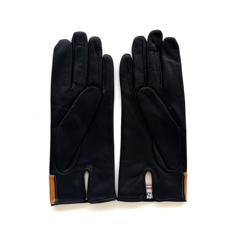 Gants en Cuir d'Agneau Noir Maize Anémone Doublés Soie.