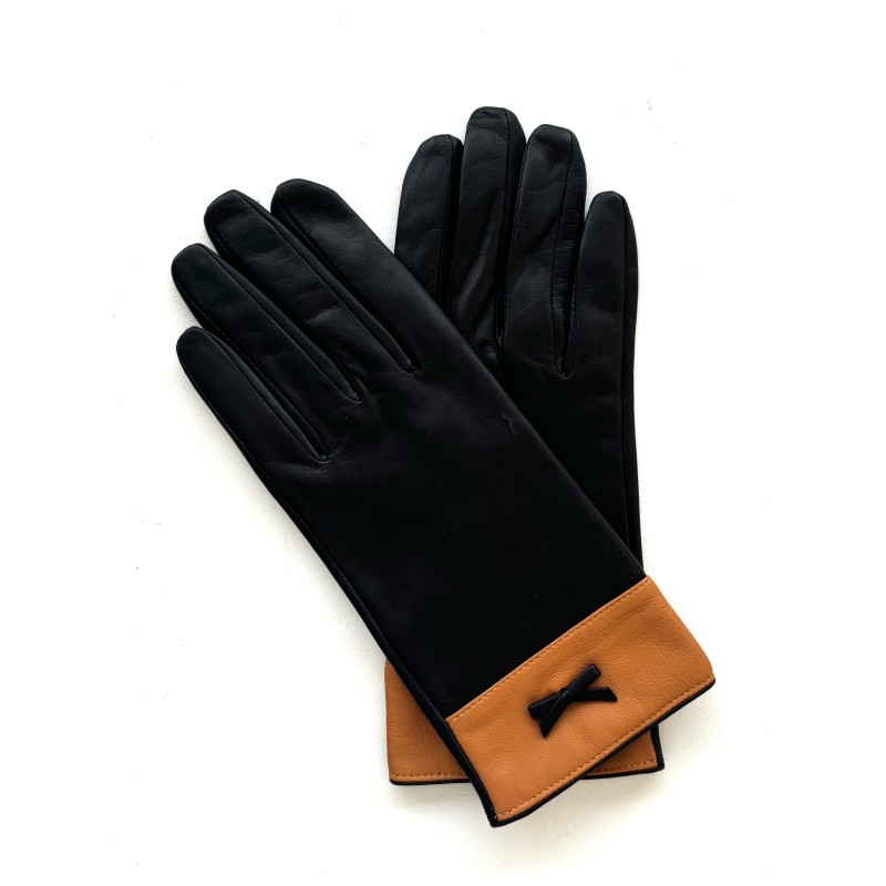 Gants en Cuir d'Agneau Noir Maize Anémone Doublés Soie.