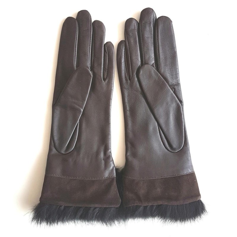 Gants en Cuir d'Agneau Fourrure Lapin Marron Noir Steppe Doublés Soie