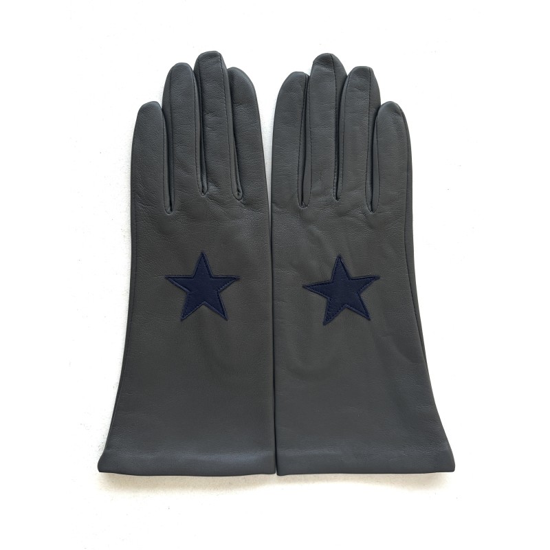Gants en Cuir d'Agneau Gris Myrtille Hoshie Doublés Soie.