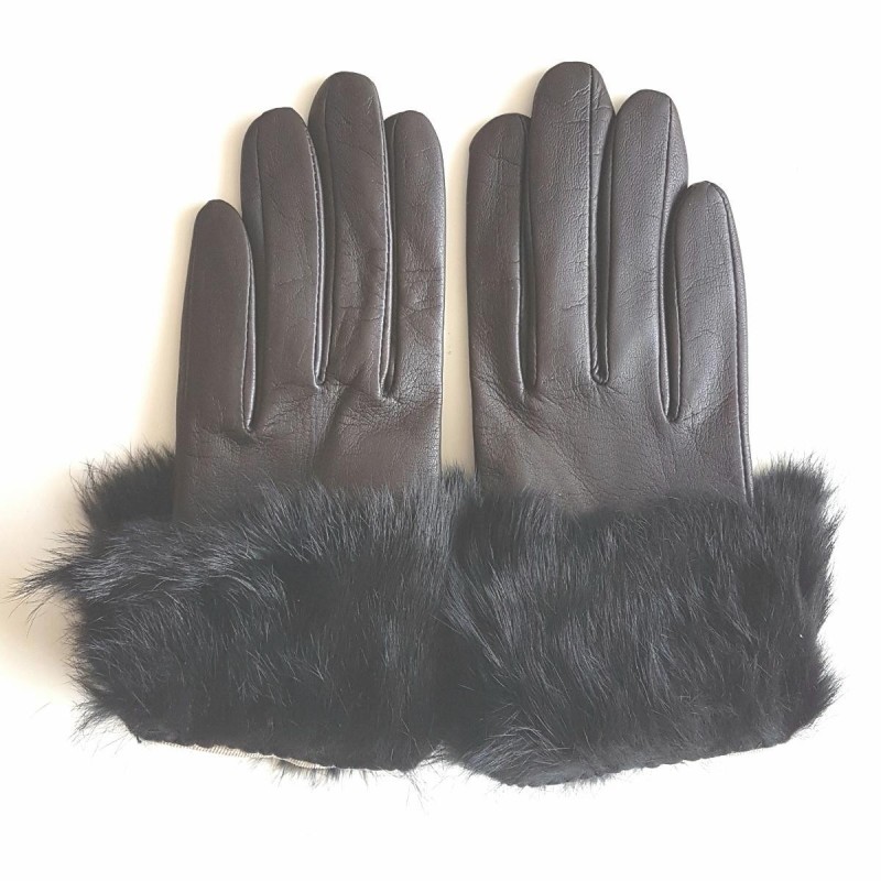 Gants en Cuir d'Agneau Fourrure Lapin Marron Noir Steppe Doublés Soie