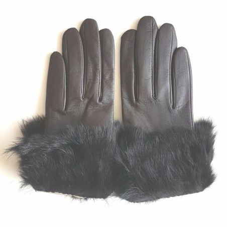 Gants en Cuir d'Agneau Fourrure Lapin Marron Noir Steppe Doublés Soie