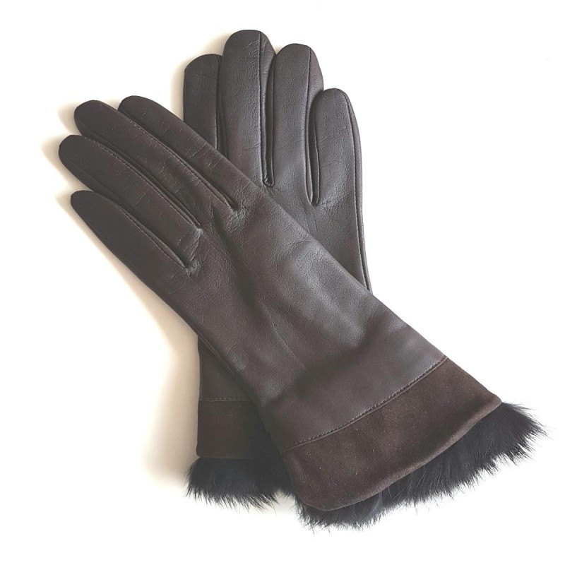 Gants en Cuir d'Agneau Fourrure Lapin Marron Noir Steppe Doublés Soie