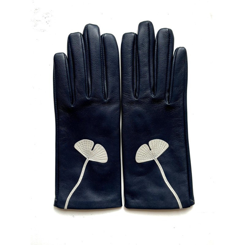 Gants en Cuir d'Agneau Bleu Marine Gris Hana Doublés Soie.