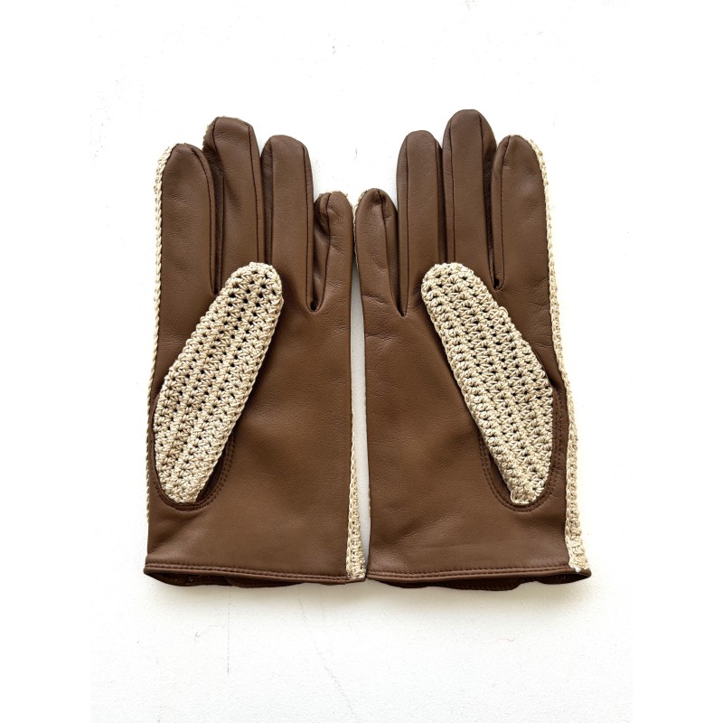 Gants en Cuir d'Agneau Crochet Coton Biscuit Ecru Augustin Non doublés