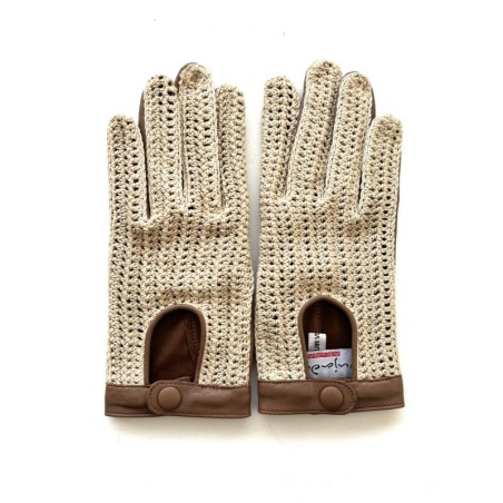 Gants en Cuir et Crochet Coton Biscuit Ecru Alfredine Non Doublés.