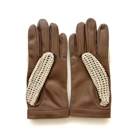 Gants en Cuir et Crochet Coton Biscuit Ecru Alfredine Non Doublés.