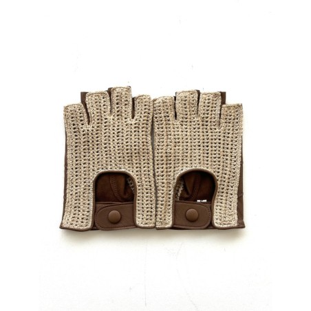 Mitaines en Cuir d'Agneau Crochet Coton Biscuit Ecru Pilote Non Doublés