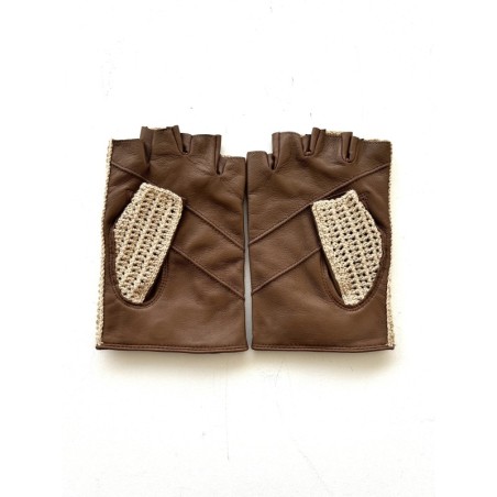 Mitaines en Cuir d'Agneau Crochet Coton Biscuit Ecru Pilote Non Doublés