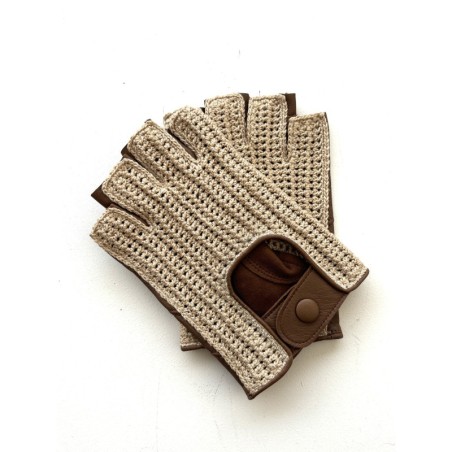 Mitaines en Cuir d'Agneau Crochet Coton Biscuit Ecru Pilote Non Doublés