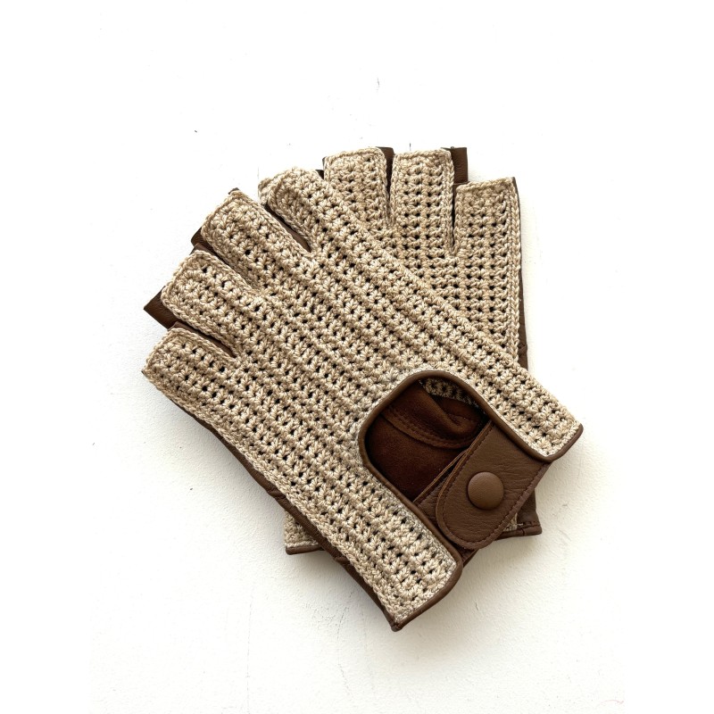 Mitaines en Cuir d'Agneau Crochet Coton Biscuit Ecru Pilote Non Doublés