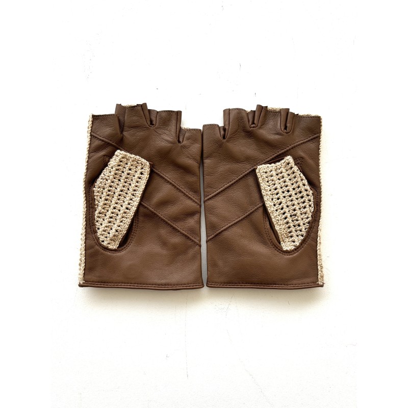 Mitaines en Cuir d'Agneau Crochet Coton Biscuit Ecru Pilote Non Doublés