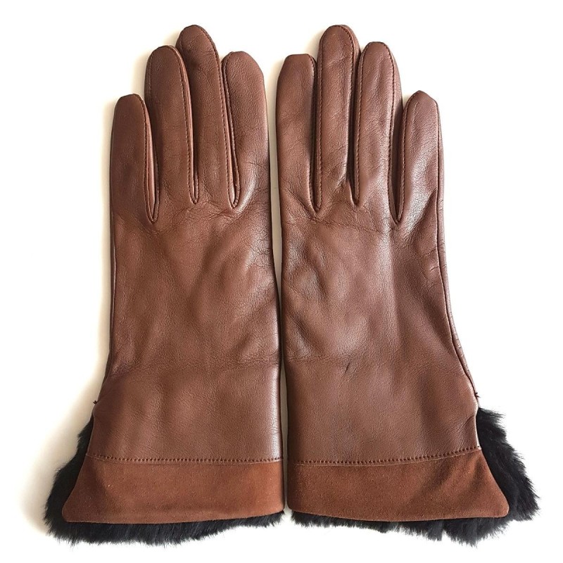 Gants en Cuir d'Agneau Fourrure Lapin Chocolat Steppe Doublés Soie