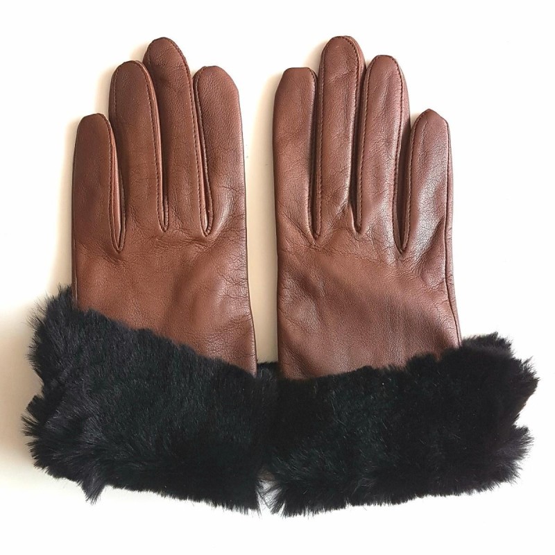 Gants en Cuir d'Agneau Fourrure Lapin Chocolat Steppe Doublés Soie
