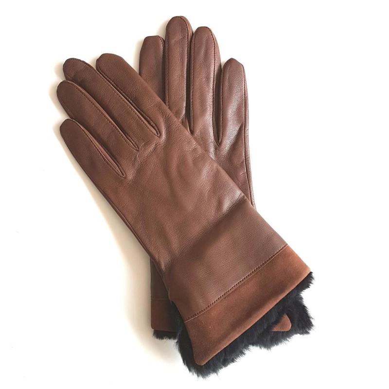 Gants en Cuir d'Agneau Fourrure Lapin Chocolat Steppe Doublés Soie