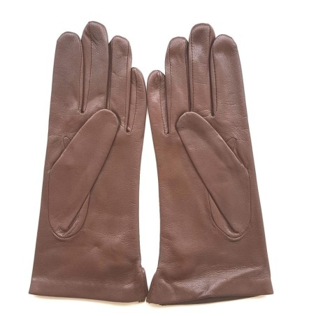 Gants en Cuir d'Agneau Chocolat Sable Clémentine Doublés Soie.