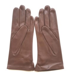 Gants en Cuir d'Agneau Chocolat Sable Clémentine Doublés Soie.