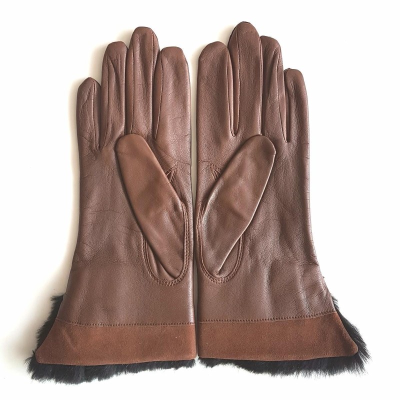 Gants femme Steppe cuir d’agneau et soie – Fourrure de lapin
