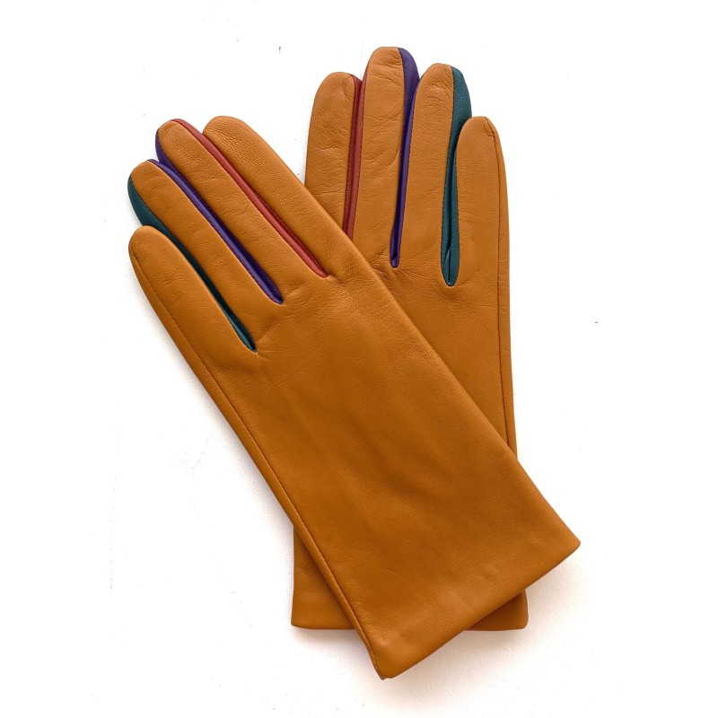 Gants femme Carla cuir d’agneau et soie – Finitions multicolores chic