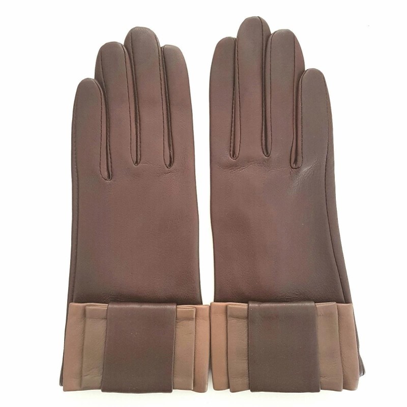 Gants en Cuir d'Agneau Marron et Sable "Ucara" Doublés Soie.
