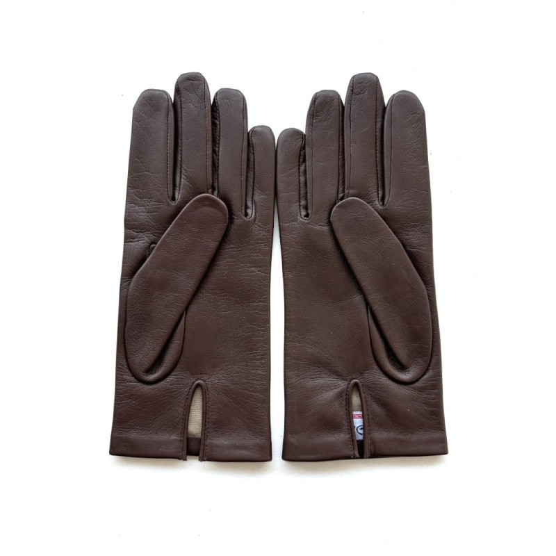 Gants femme cuir d’agneau chocolat soie – Layrette