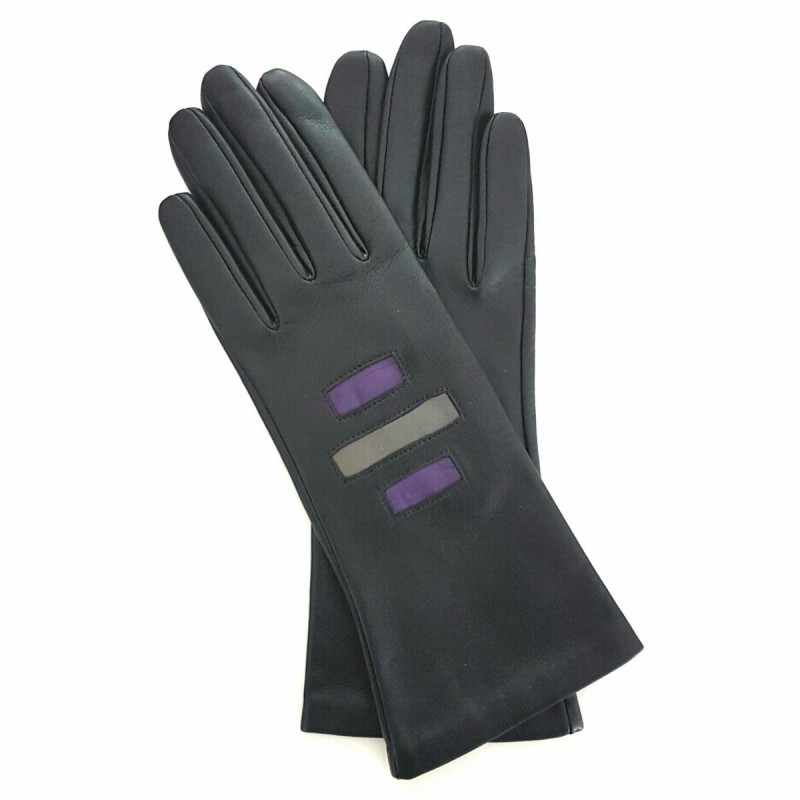 Gants en Cuir d'Agneau Noir Charcoal Améthyste  Exagone Doublés Soie.