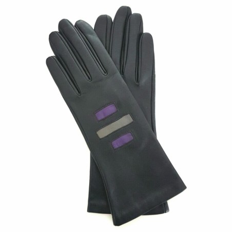 Gants en Cuir d'Agneau Noir Charcoal Améthyste  Exagone Doublés Soie.