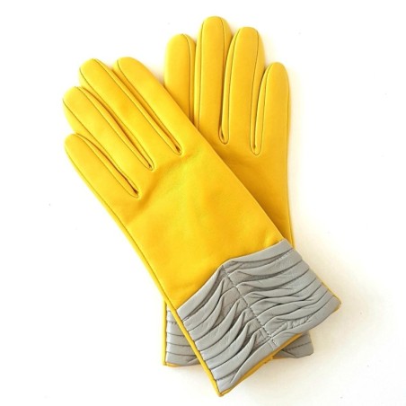 Gants en Cuir d'Agneau Jaune Gris Eline Doublés en Soie.