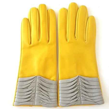 Gants en Cuir d'Agneau Jaune Gris Eline Doublés en Soie.