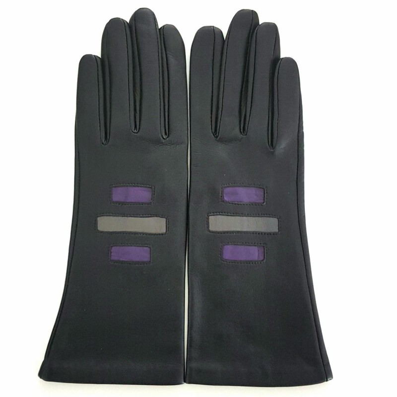 Gants en Cuir d'Agneau Noir Charcoal Améthyste  Exagone Doublés Soie.