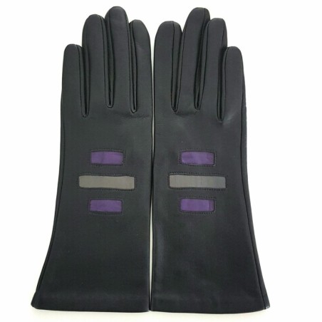 Gants en Cuir d'Agneau Noir Charcoal Améthyste  Exagone Doublés Soie.