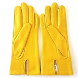 Gants en Cuir d'Agneau Jaune Gris Eline Doublés en Soie.