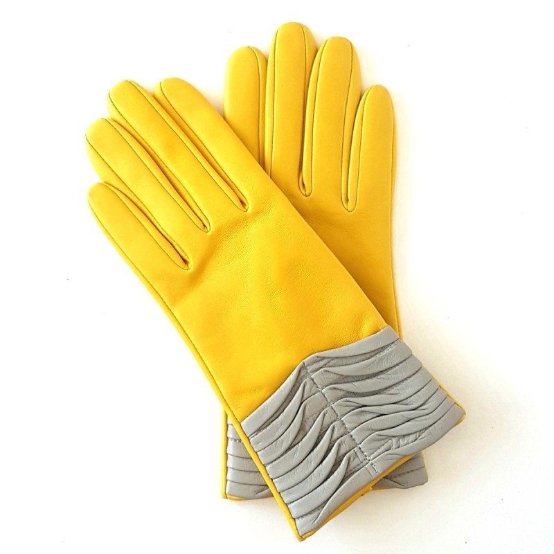 Gants en Cuir d'Agneau Jaune Gris Eline Doublés en Soie.