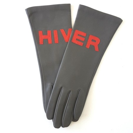 Gants en Cuir d'Agneau Gris, Orange Hiver Doublés Soie.
