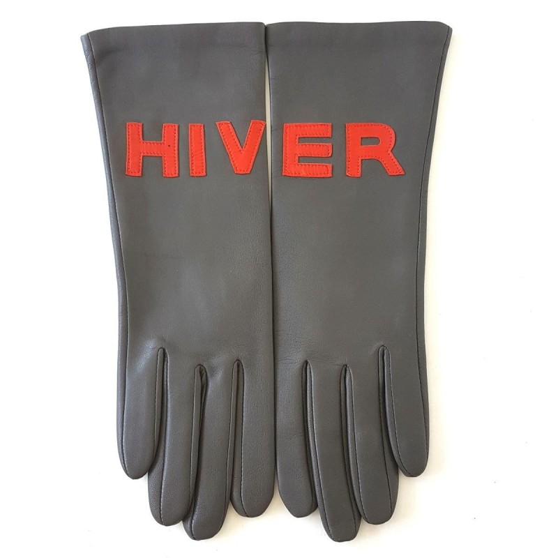 Gants en Cuir d'Agneau Gris, Orange Hiver Doublés Soie.