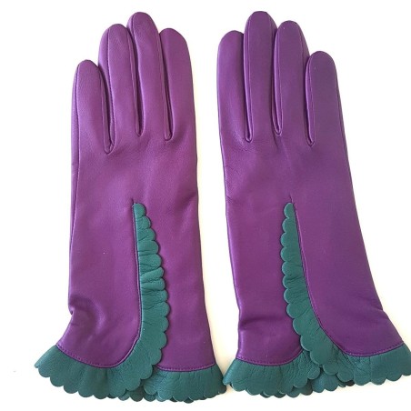 Gants femme CASSIA en cuir d’agneau souple bicolore, doublure soie