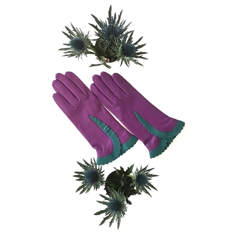 Gants femme CASSIA en cuir d’agneau souple bicolore, doublure soie