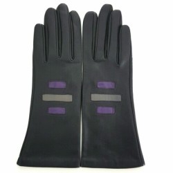 Gants en Cuir d'Agneau Noir Charcoal Améthyste  Exagone Doublés Soie.